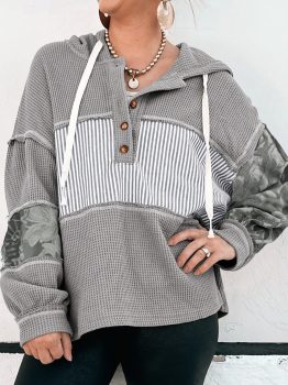 Gray Waffle Printed Patchwork Drawstring Hooded Long Sleeve Top