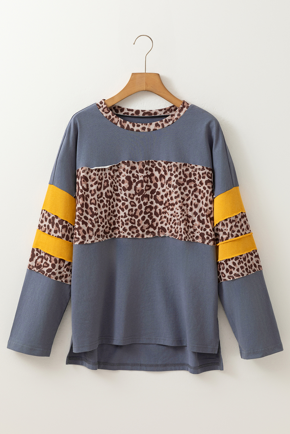 Dark Blue Leopard Colorblock Patchwork Long Sleeve Drop Shoulder Top - Image 3