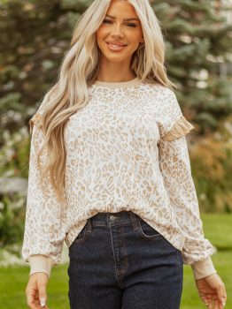 Khaki Leopard Ruffle Detail Ribbed Trim Round Neck Sweatshirt