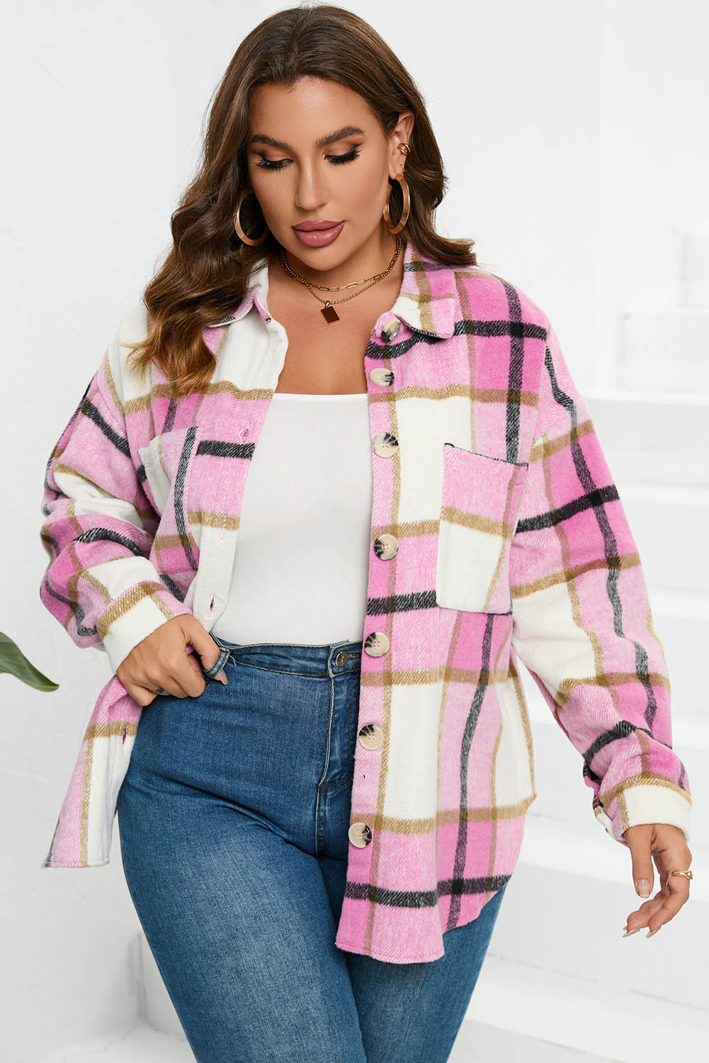 Pink Plaid Color Block Buttoned Long Sleeve Jacket with Pocket - Image 4