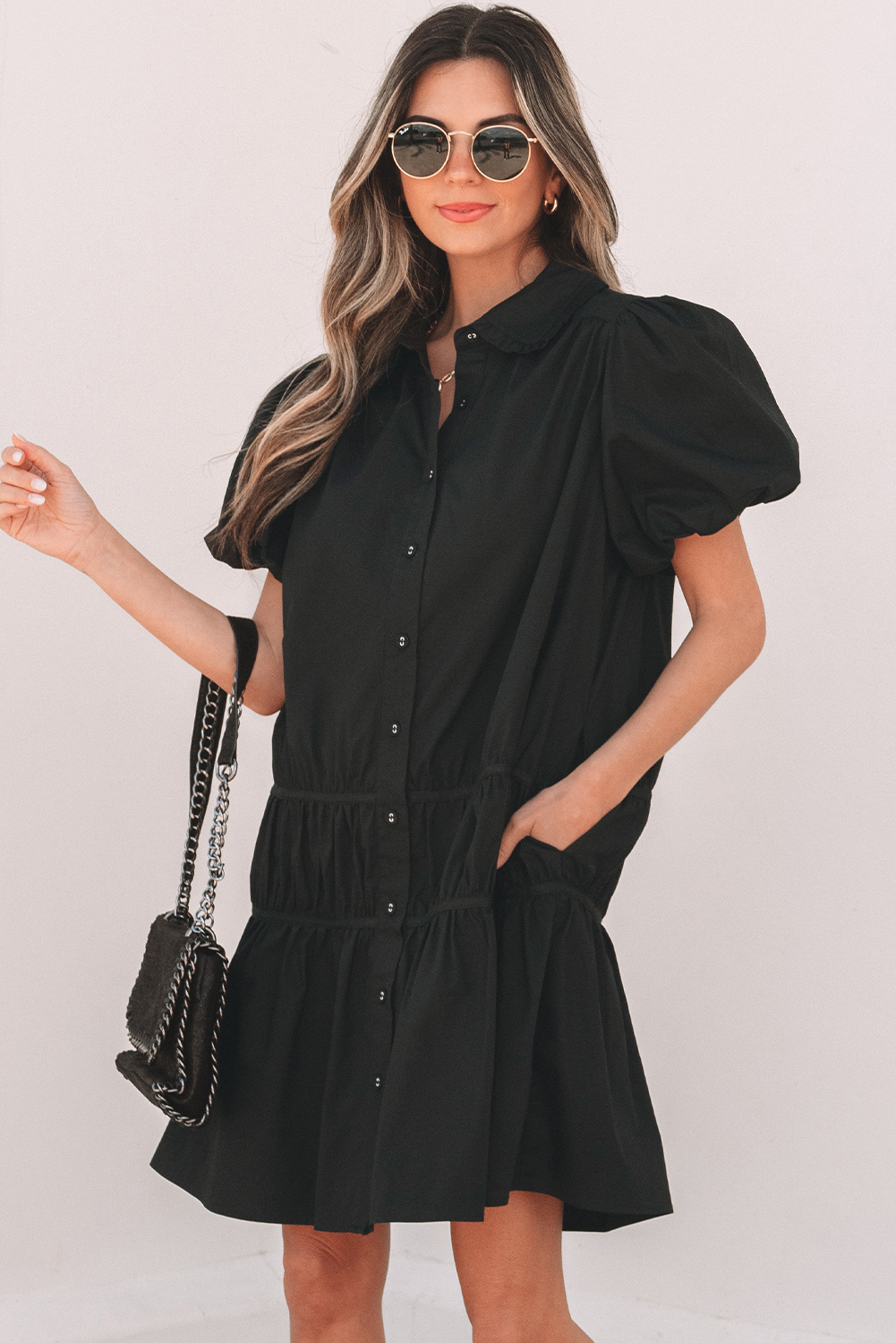 Black Shirt Style Button Down Puff Sleeve Ruffle Hem Dress - Image 5
