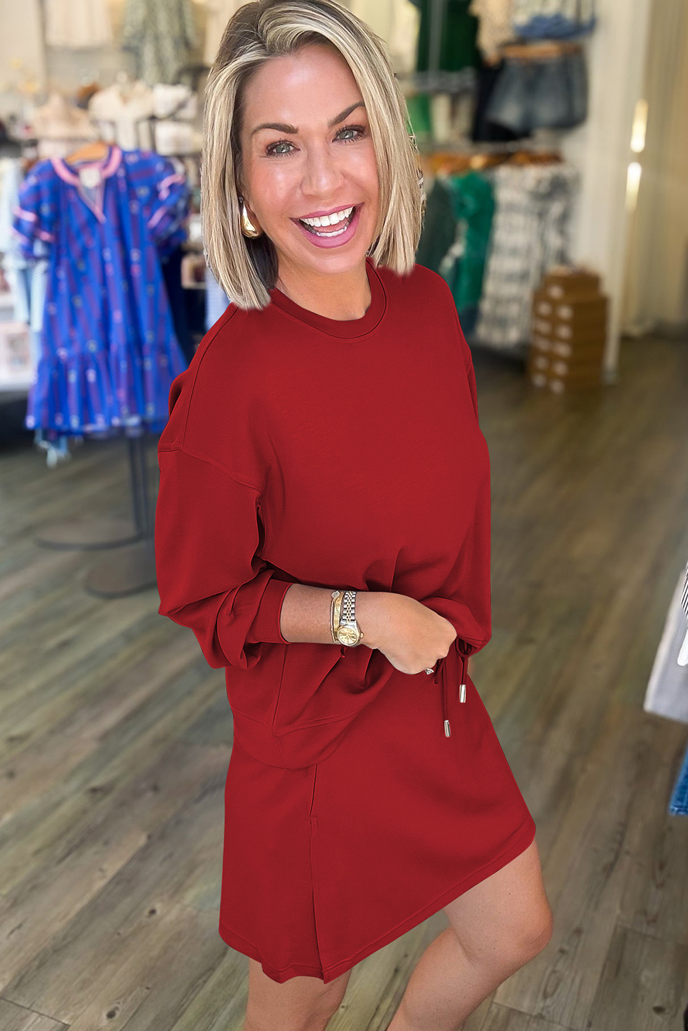 Racing Red Solid Color Drop Shoulder Pullover Drawstring Mini Skirt 2pcs Outfit - Image 2