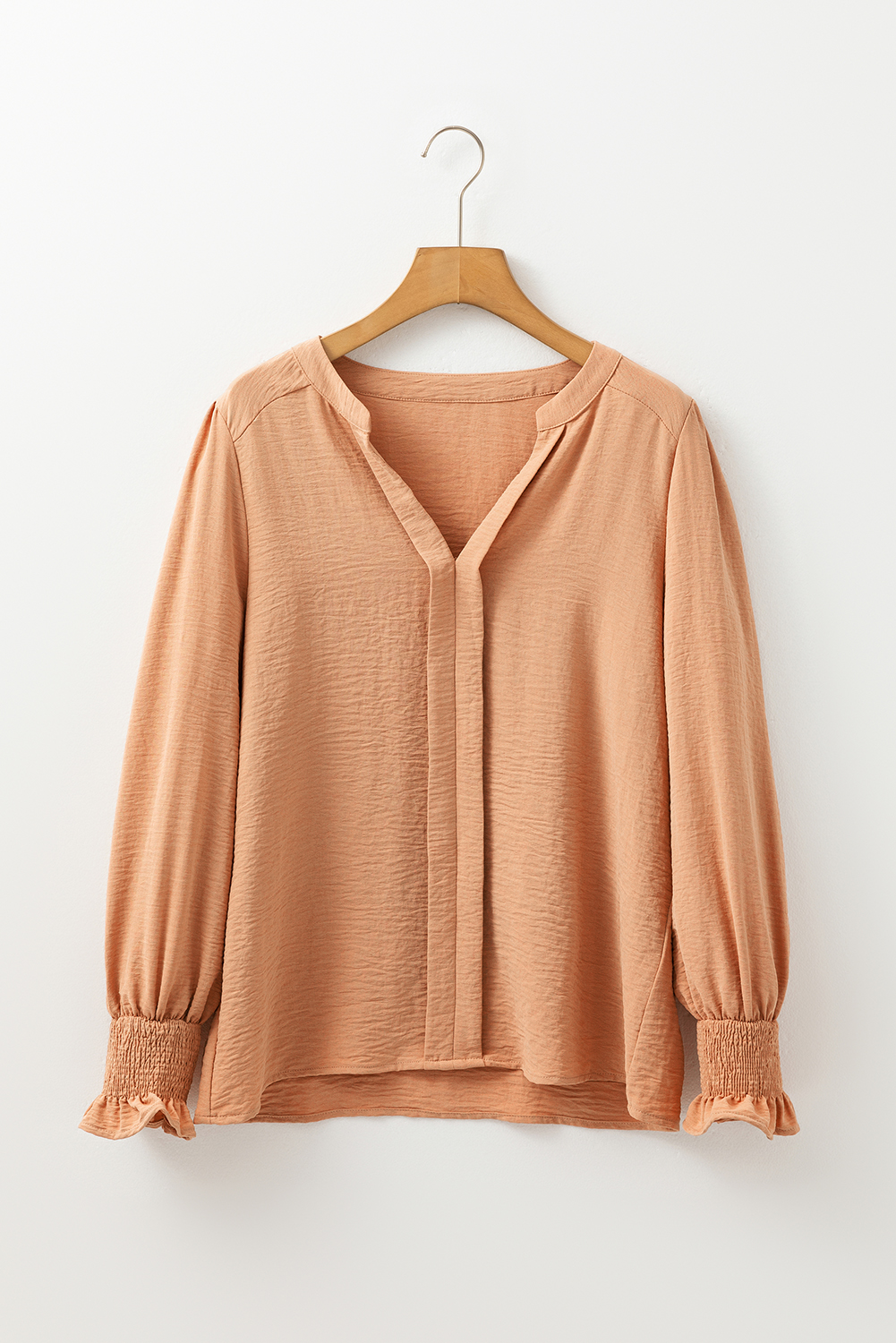 Straw Yellow Solid Color Shirred Cuff Notch V Neck Blouse - Image 6