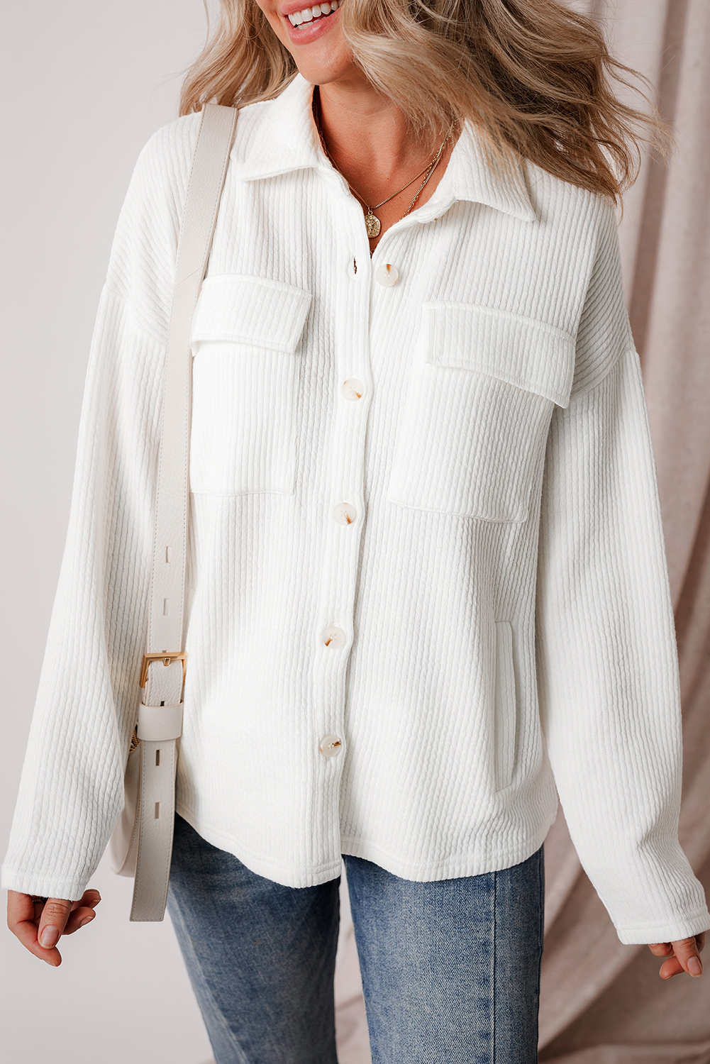 White Solid Color Corduroy Buttoned Long Sleeve Jacket - Image 5