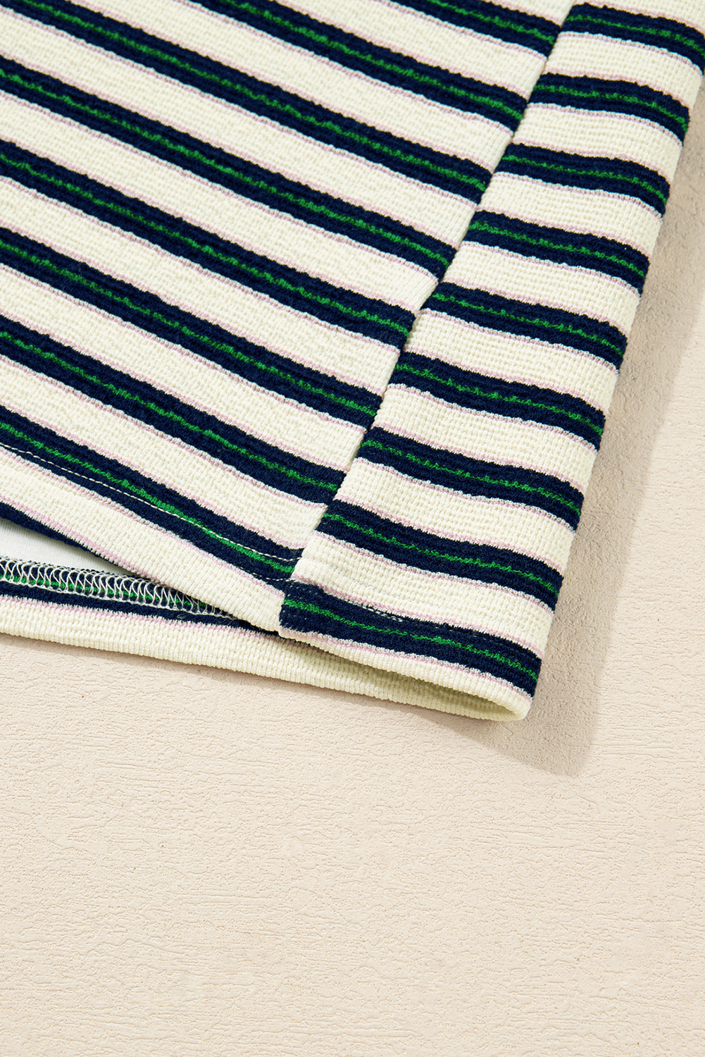 Navy Blue Striped Print Contrast Collar Zip V Neck Long Sleeve Top - Image 6