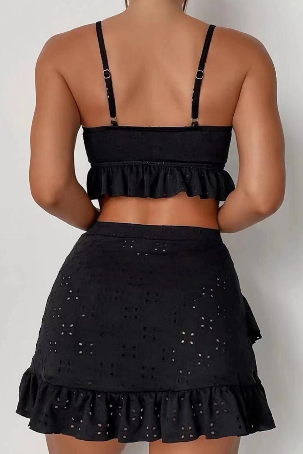 Black Eyelet Pattern Knotted Ruffle Trim 3pcs Bikini Set - Image 2