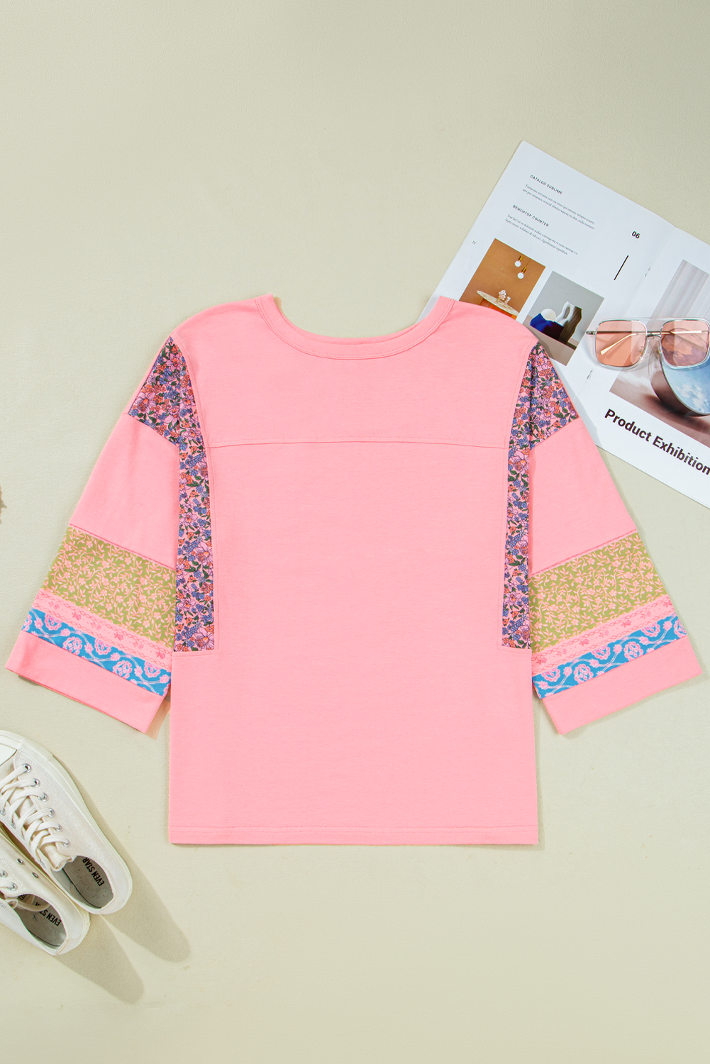 Gossamer Pink Floral Color Block Patchwork Long Sleeve Top - Image 5
