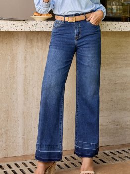 Navy Blue Raw Hem Unique Cuffs Straight High Rise Loose Jeans