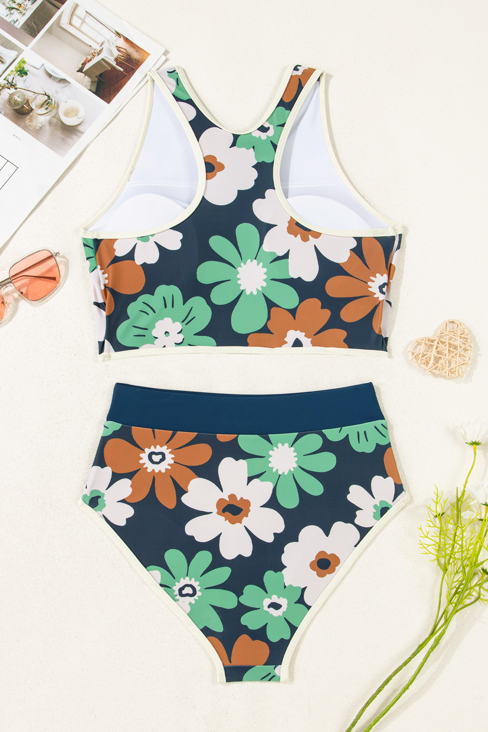 Blue Flower Zip up Racerback High Waisted Bikini - Image 8