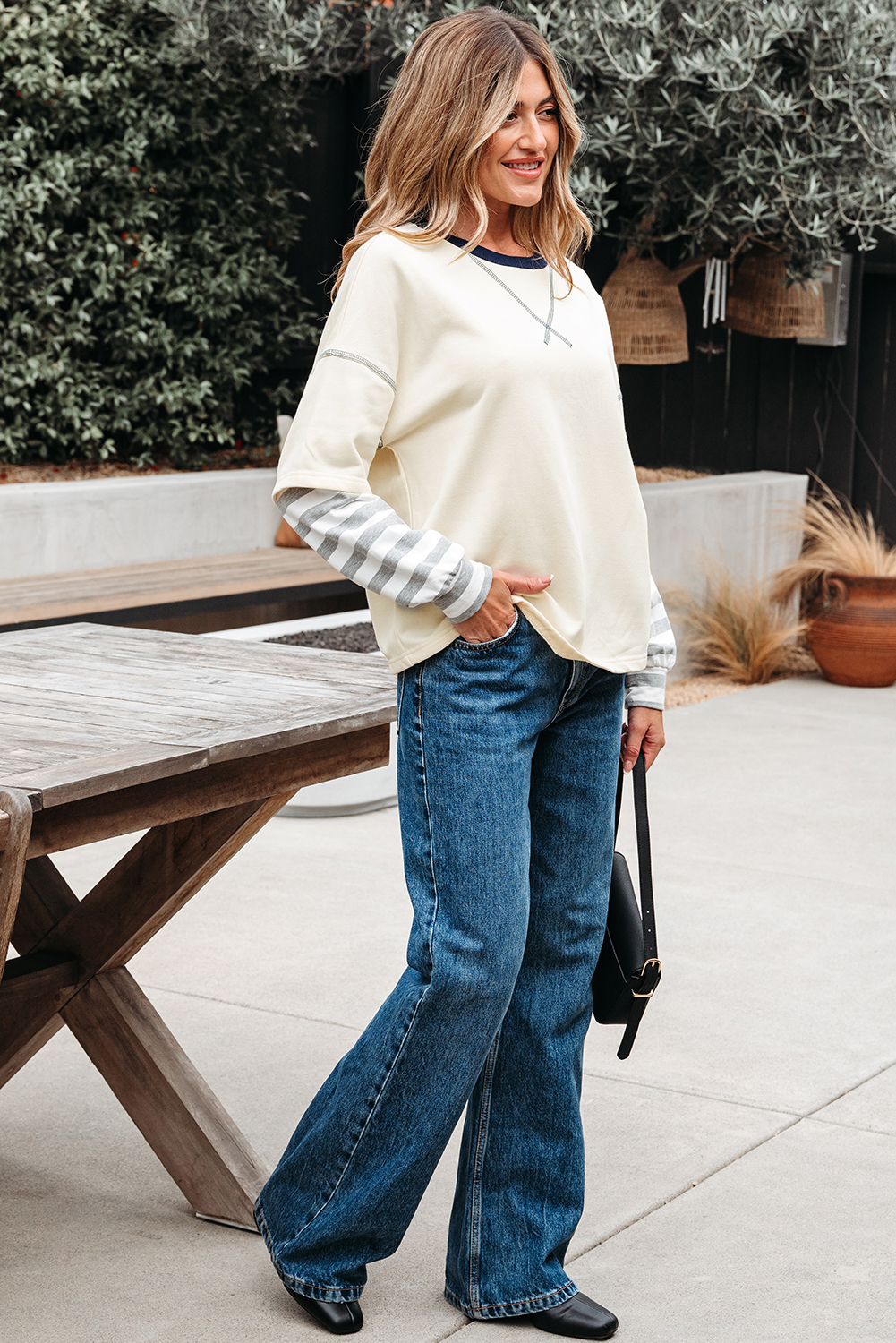 Beige Striped Patchwork Long Sleeve Round Neck Two-in-one Top - Image 5