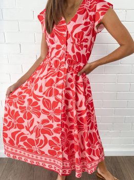 Red Boho Floral Short Sleeve V Neck Buttoned Shirred Waist Long Dress