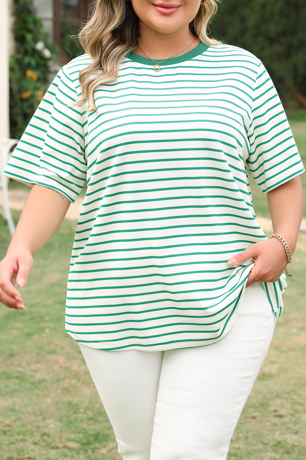 Green Stripe Plus Size St Patricks Day Round Neck T Shirt - Image 8