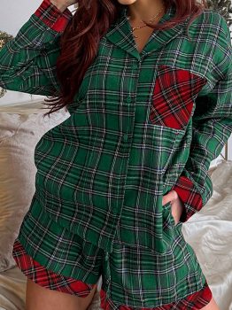 Green Plaid Contrast Patched Christmas Holiday Long Sleeve Shirt and Short 2pcs Pajama Set
