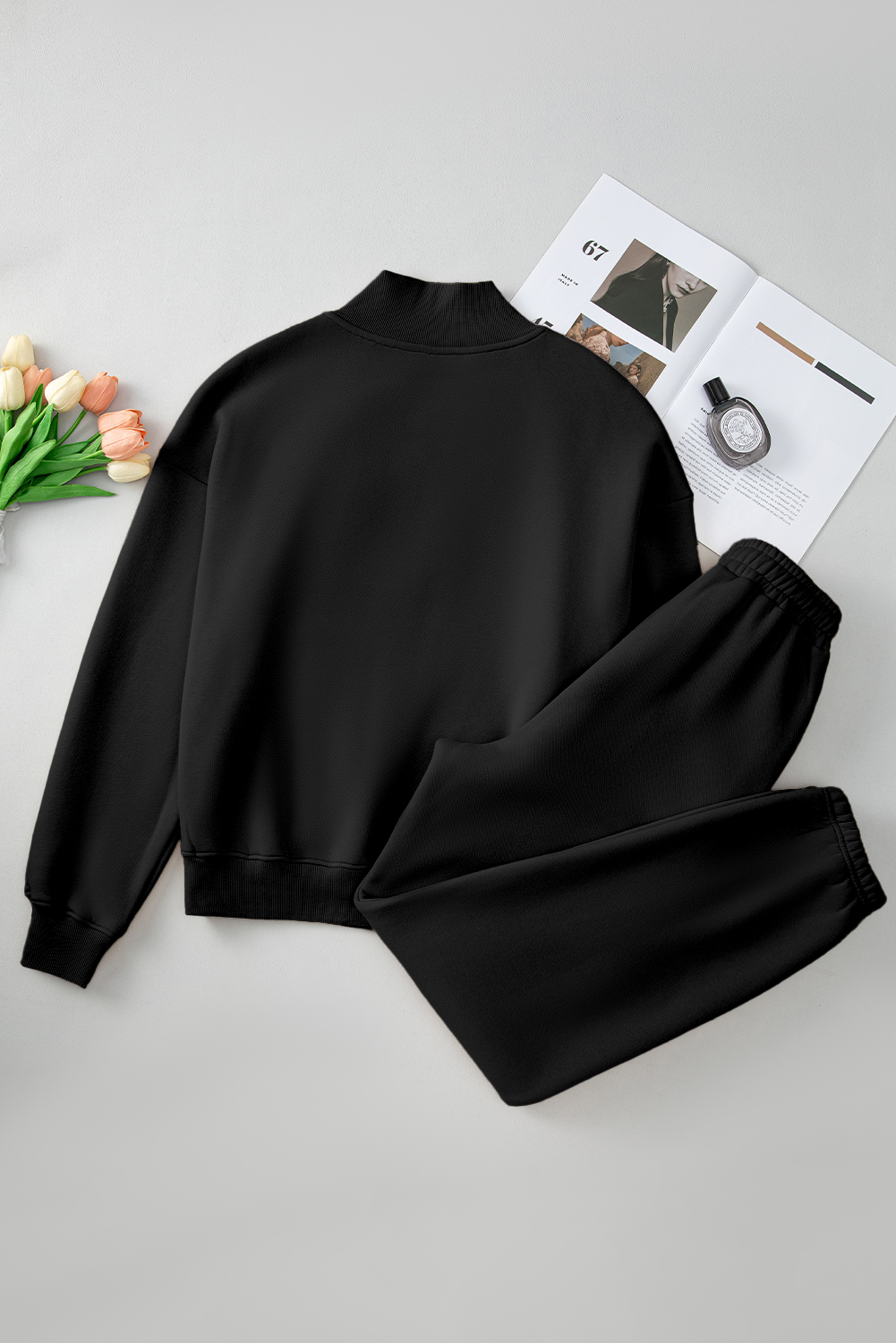 Black Plain Half Zip V Neck Ribbed Edge Loose Tracksuit - Image 7