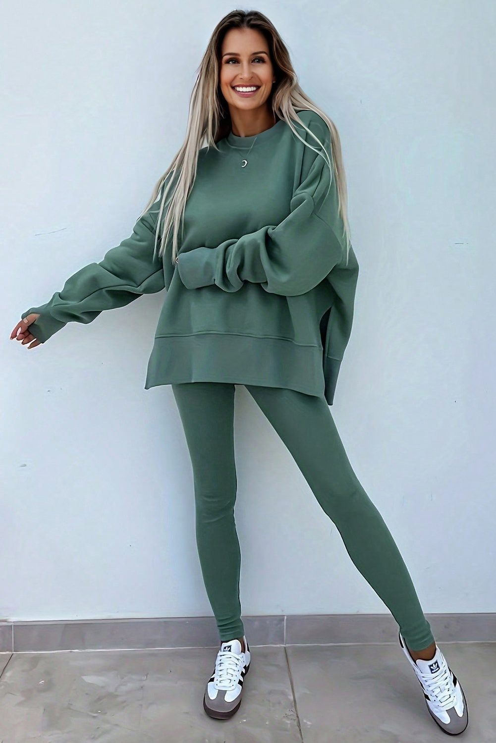 Green Bay Solid Color Oversize Slit Sweatshirt Ribbed Leggings 2pcs Set - Image 2