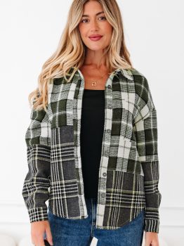 Black Plaid Print Textured Knit Buttoned Shacket