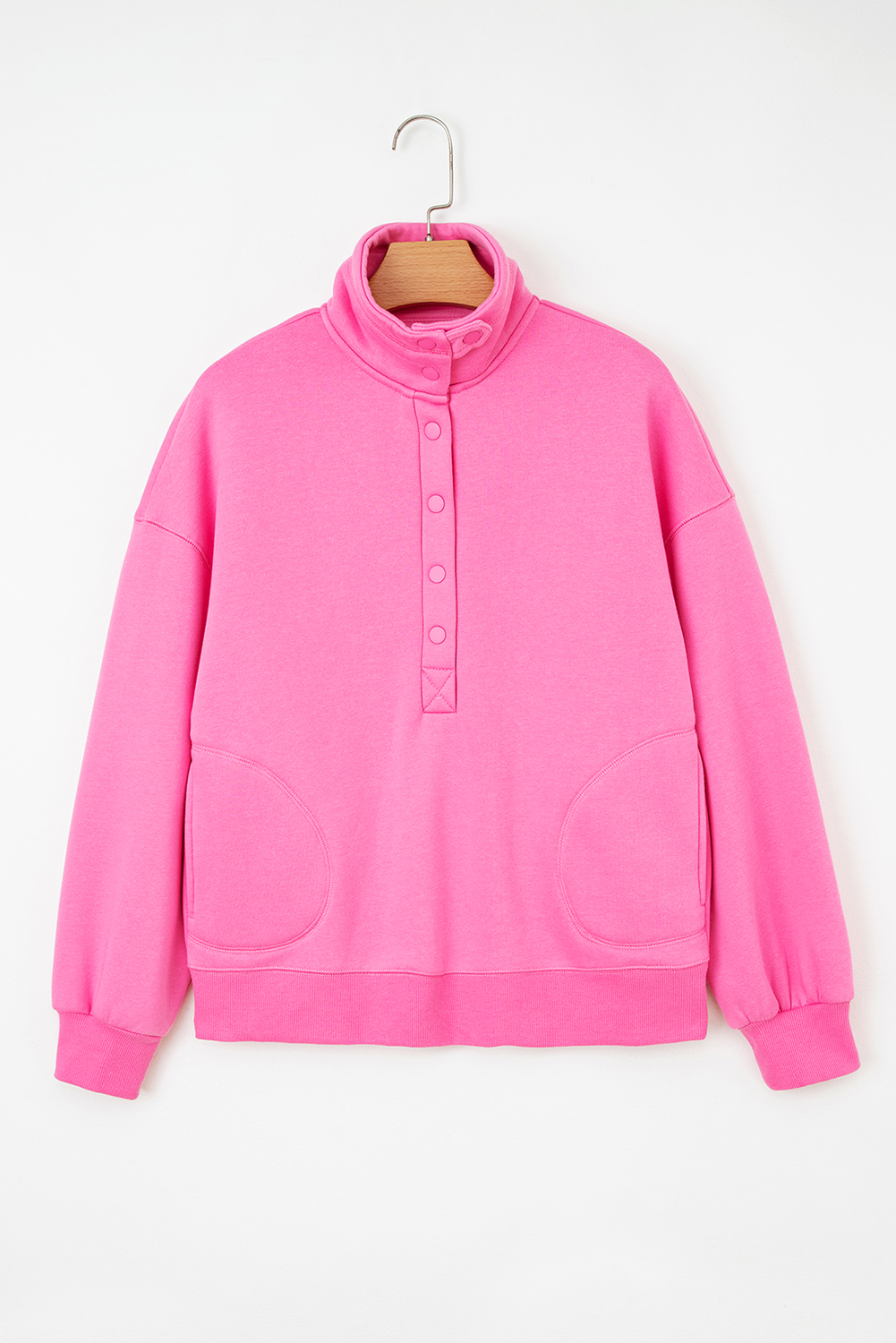 Bright Pink Half Button Stand Neck Drop Shoulder Sweatshirt - Image 6