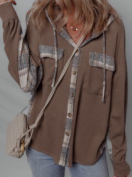Brown Plaid Patchwork Button Down Drawstring Hooded Shacket