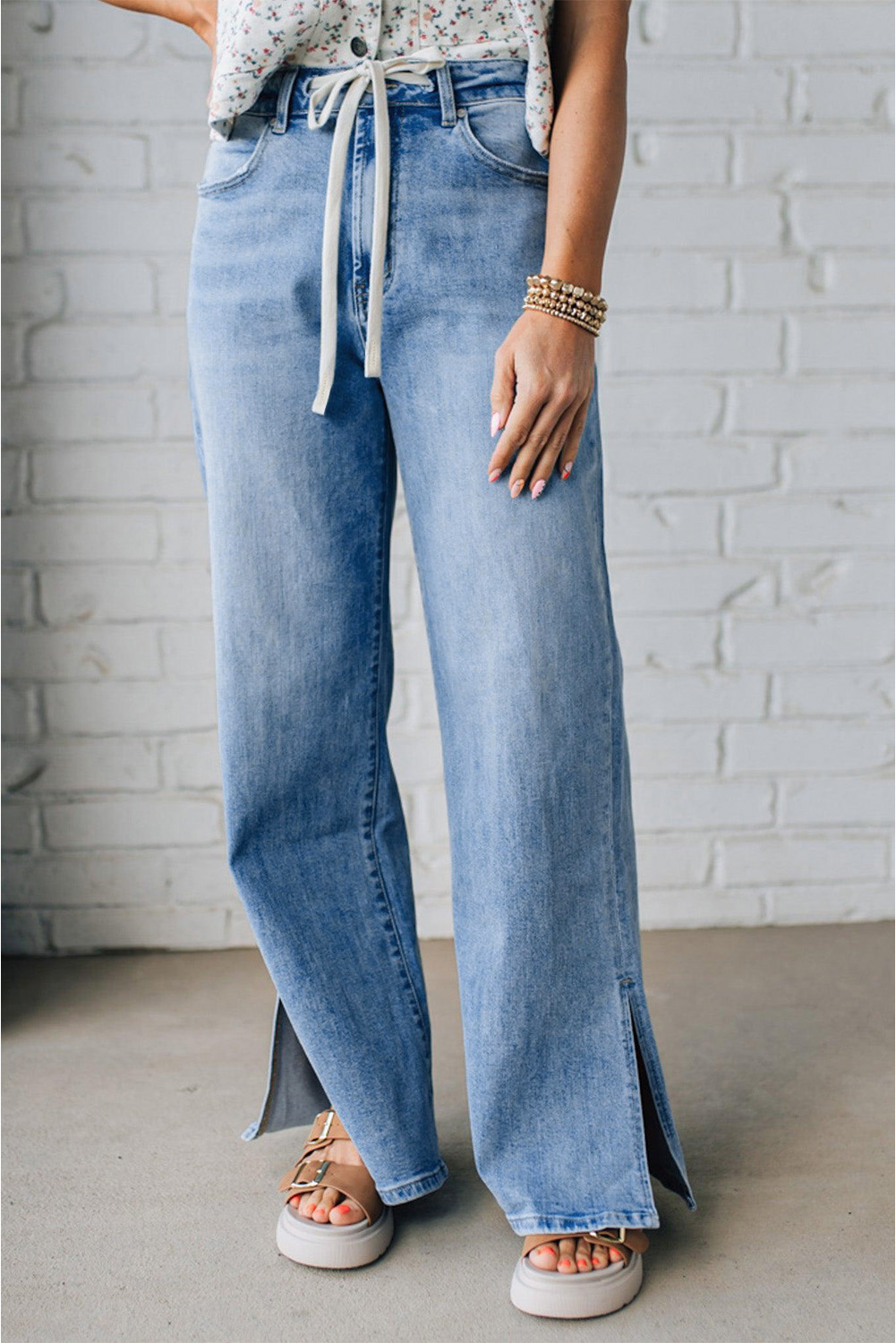 Myosotis Slit Leg High Rise Drawstring Casual Jeans - Image 6