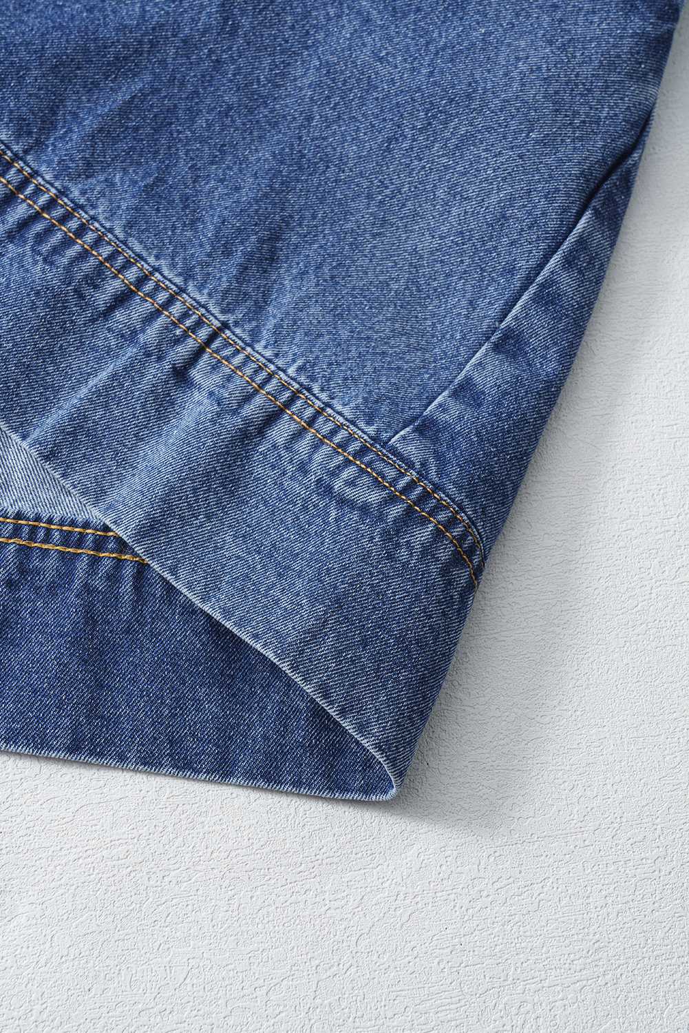 Blue Short Sleeve Collared Patched Pocket Denim Mini Dress - Image 6