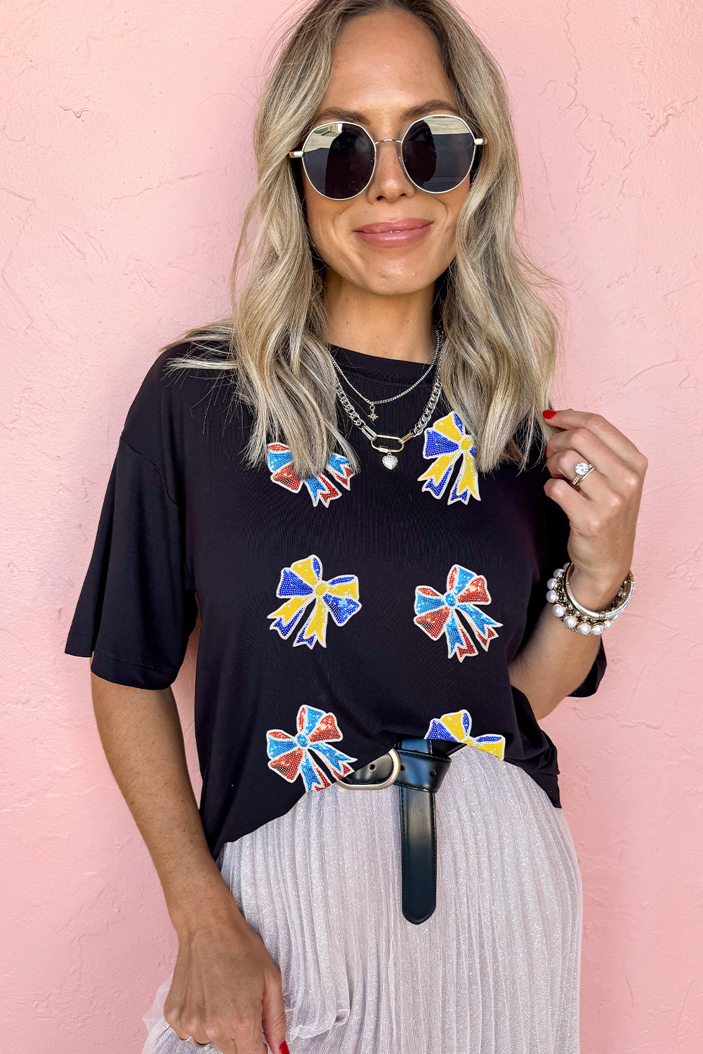 Black Cheerful Sequin Bow Patched Game Day T Shirt - Image 4