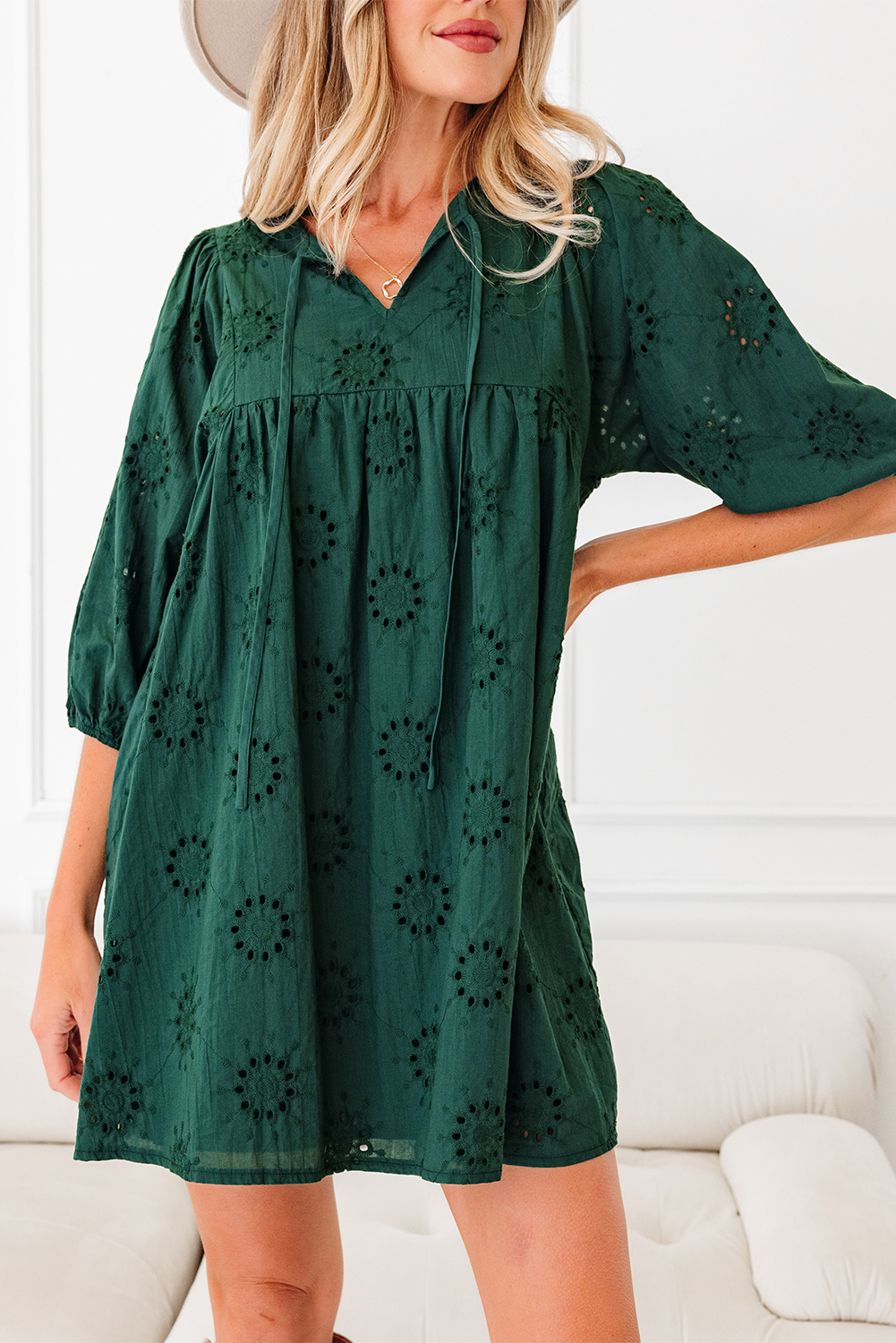 Blackish Green Embroidered Eyelet Pattern 3/4 Puffy Sleeve Swing Mini Dress - Image 7