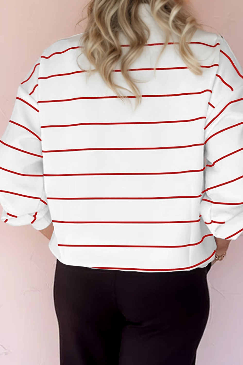 Fiery Red Zip V Neck Casual Stripe Print Drop Shoulder Long Sleeve Top - Image 2