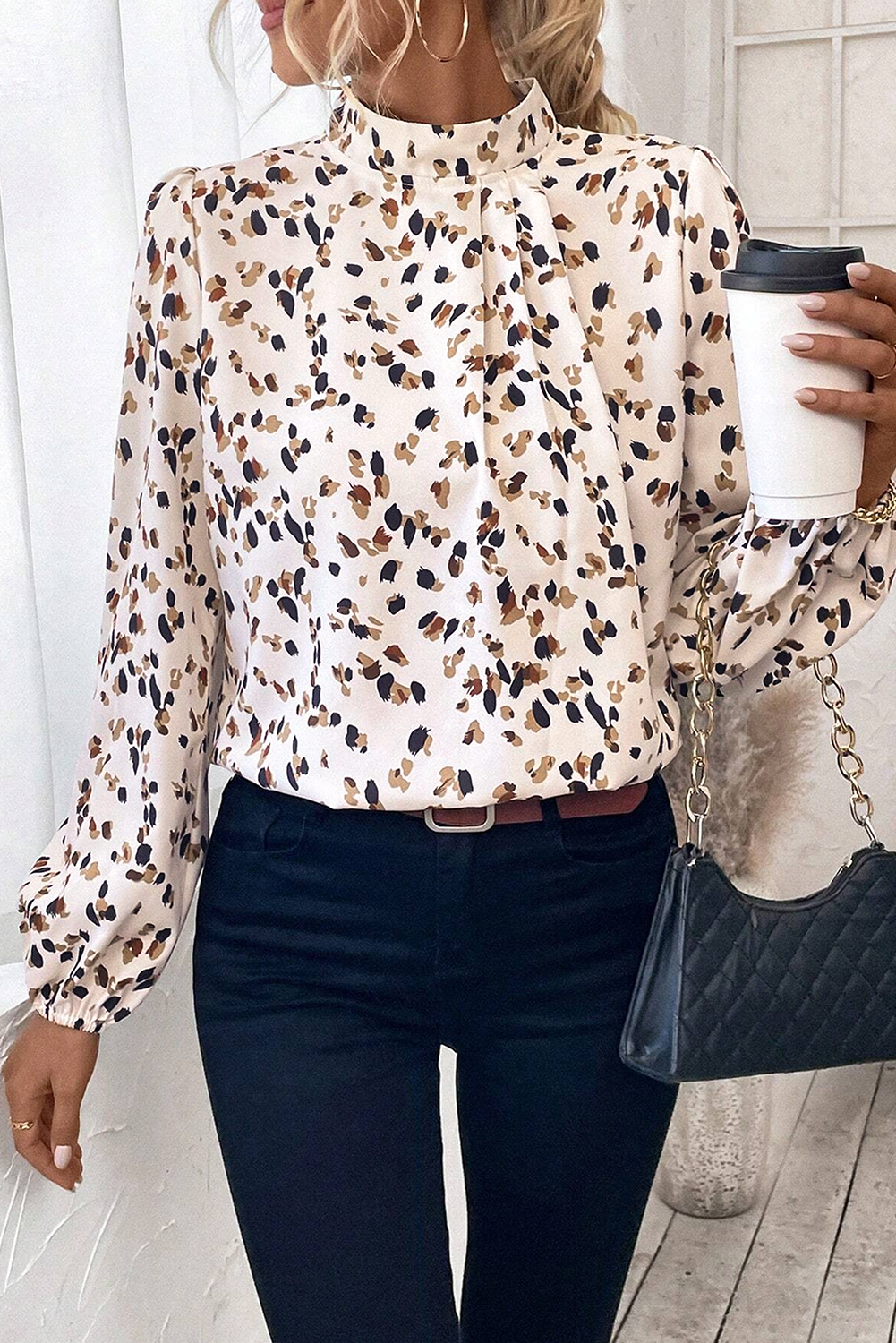 White Leopard Print Lantern Sleeve Mock Neck Pleated Blouse - Image 6