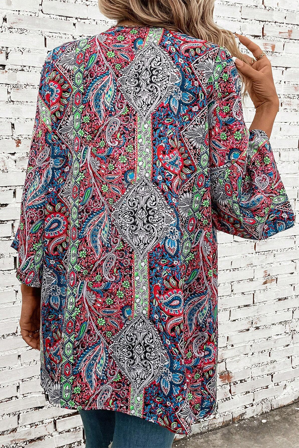 Red Paisley Print Open Front Kimono - Image 2
