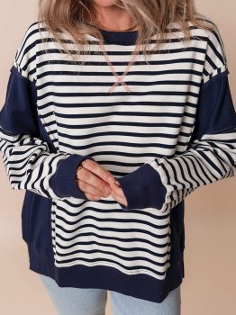 White Stripe Color Block Exposed Seam Loose Fit Sweatshirt