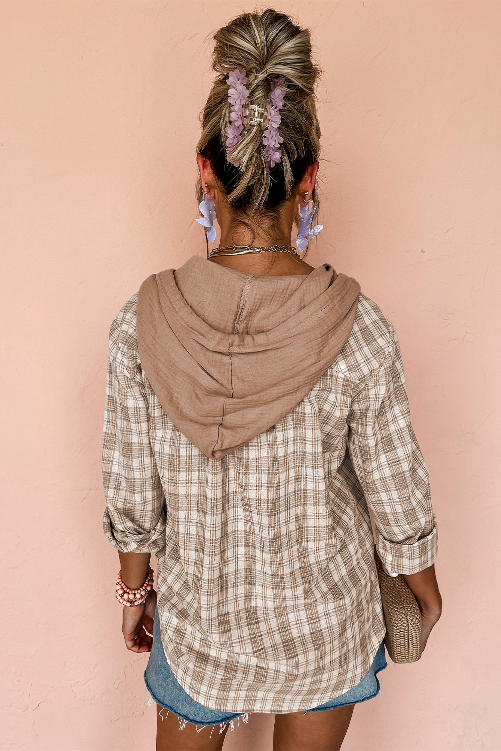 Khaki Checkered Print Loose Fit Buttoned Hooded Shacket - Image 2