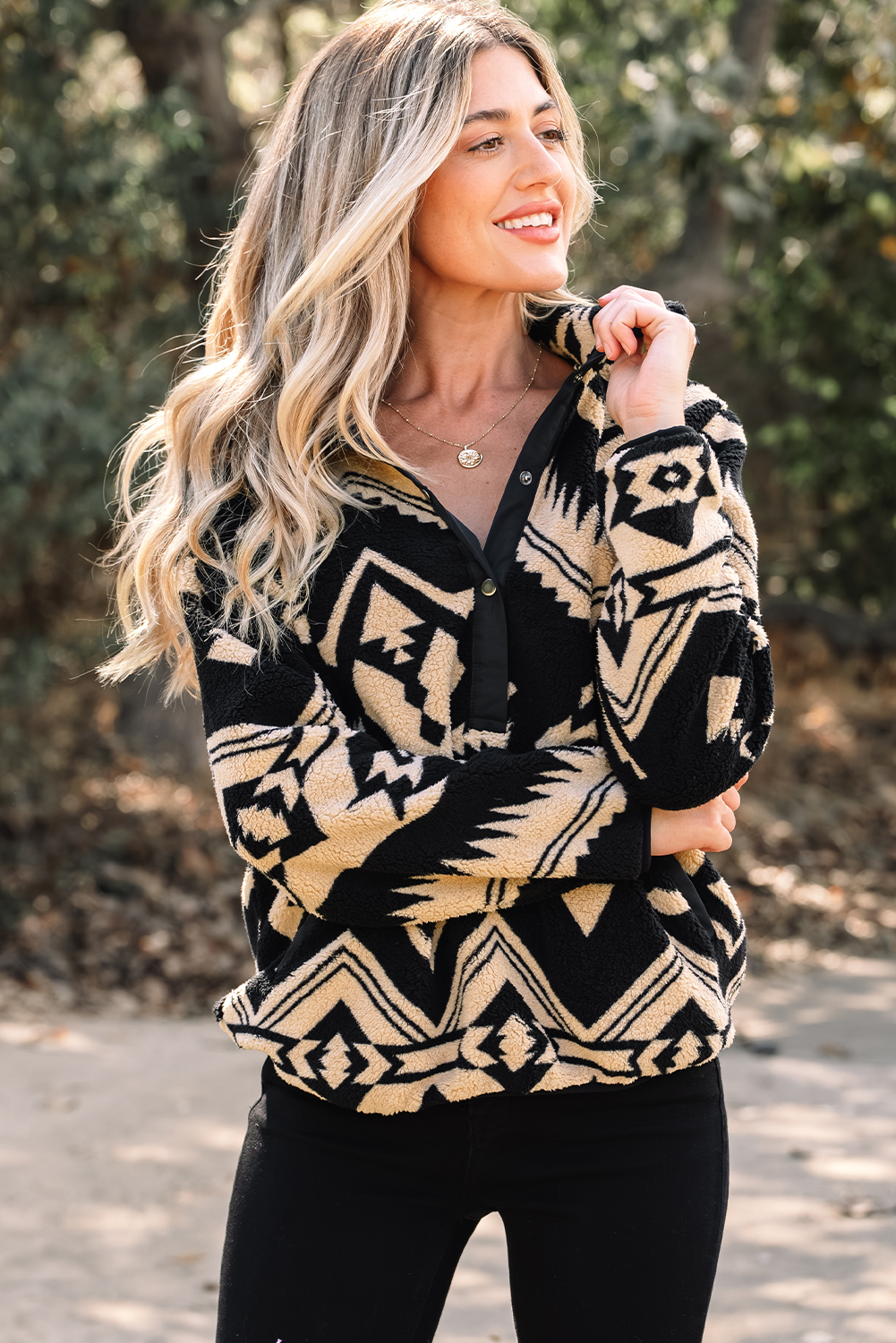 Black Western Aztec Half Placket Plush Sweatshirt - Image 4