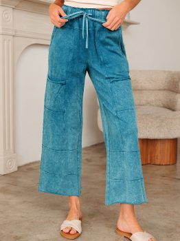 Lapis Mineral Wash Lace-up High Waist Raw Hem Patched Pocket Pants