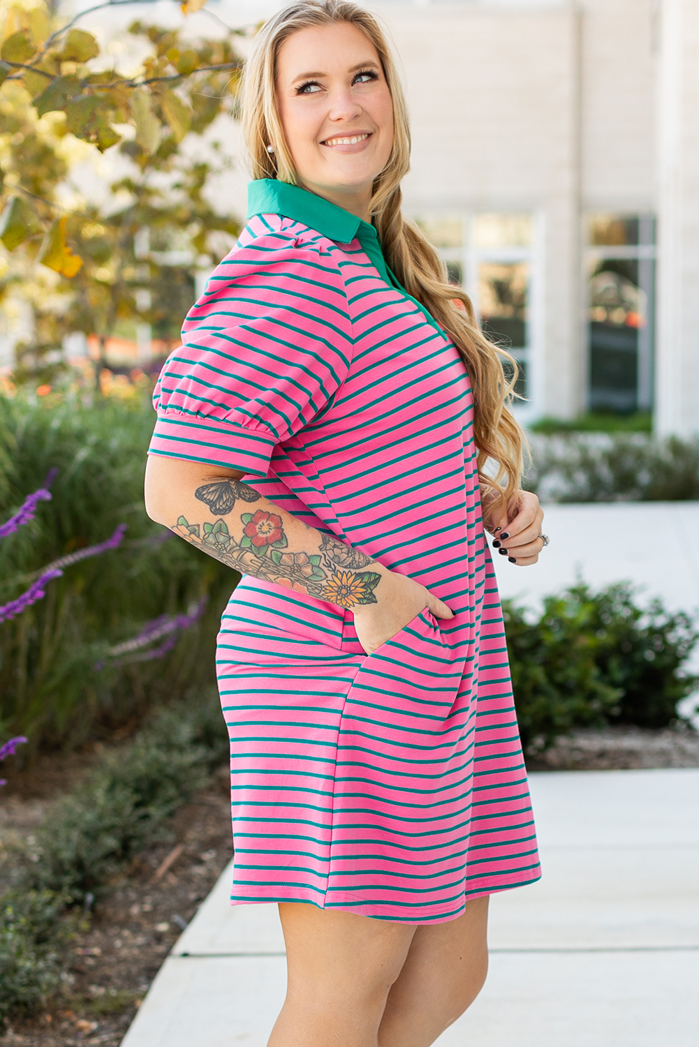Rose Stripe Collared V Neck Puff Sleeve Shift T Shirt Dress with Pockets - Image 3