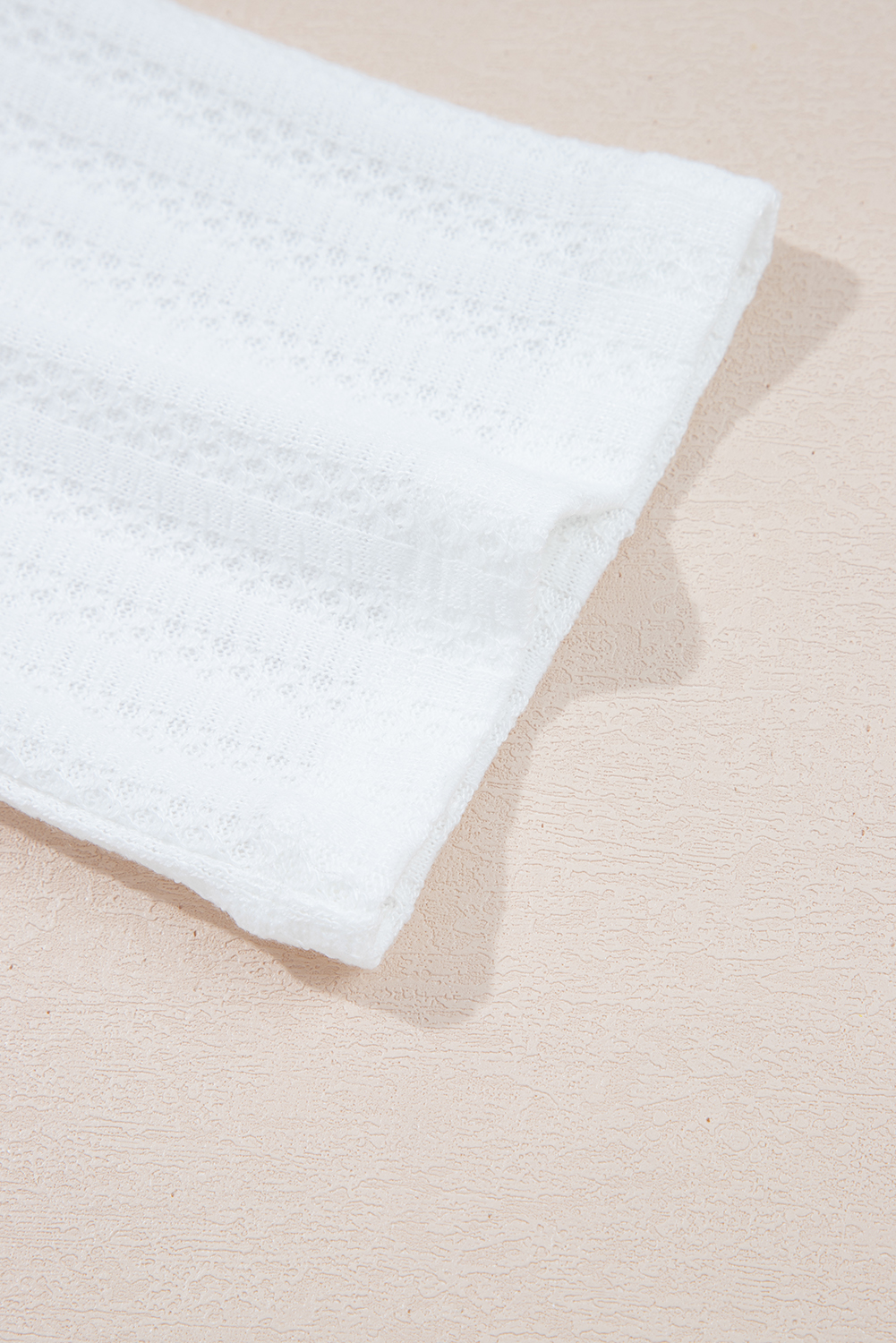 White Textured Hollow Grommet Placket Split Neck Short Sleeve Top - Image 7