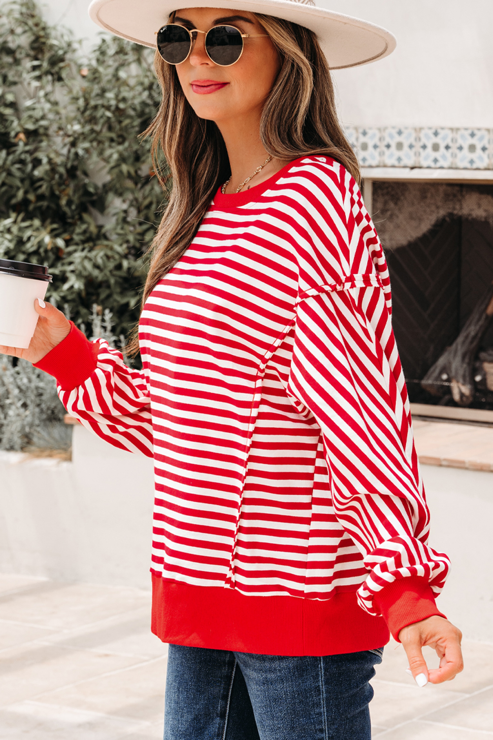 Red Stripe Exposed Seam Drop Shoulder Casual Pullover Top - Image 3