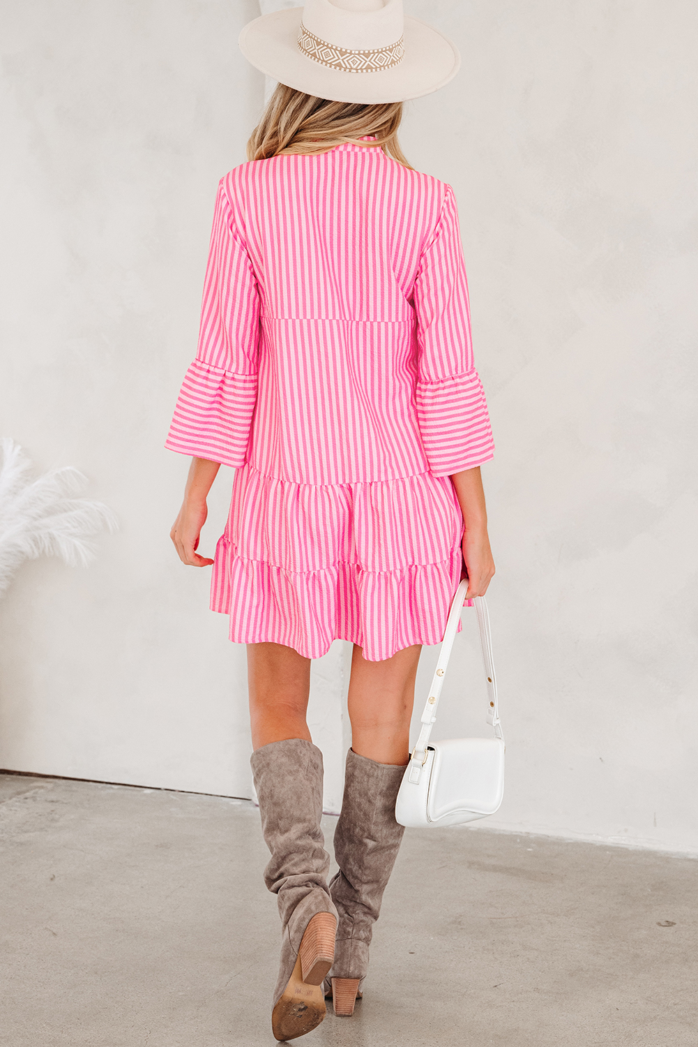 Pink Stripe Flare Sleeve Half Placket Tiered Flowy Mini Dress - Image 6