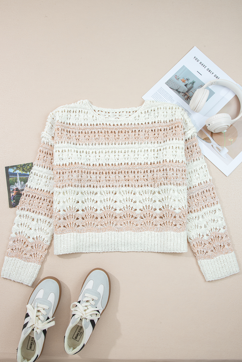 Pink Hollow-out Colorblock Drop Shoulder Casual Sweater - Image 5