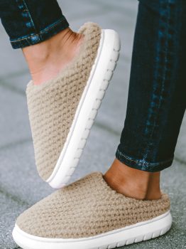 Pale Khaki Two-tone Knitted Warm Homewear Slippers