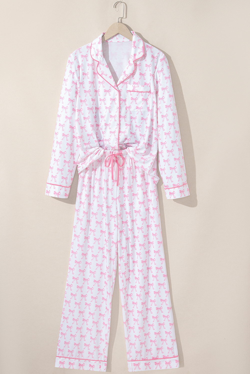 Pink Bow Print Long Sleeve Shirt and Pants Soft Pajama Set - Image 3