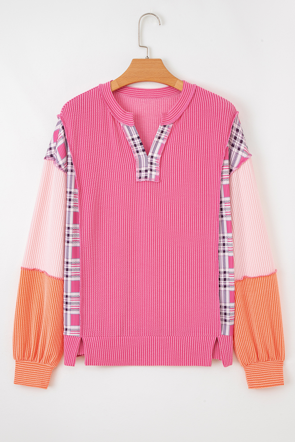 Rose Red Corded Texture Plaid Colorblock Patchwork Split Neck Long Sleeve Top - Image 7