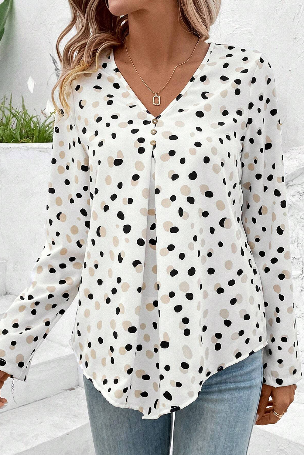 White Polka Dot Print Button Front V Neck Blouse - Image 3