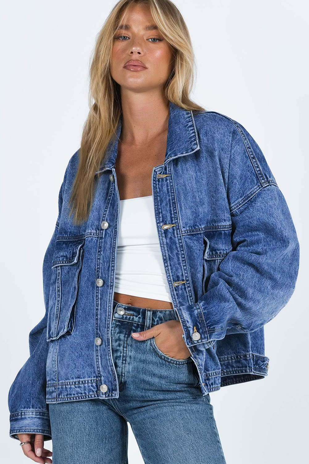 Blue Chest Pockets Drop Shoulder Loose Denim Jacket - Image 4
