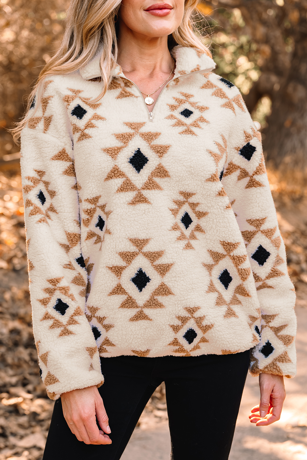 Khaki Aztec Print Sherpa Quarter Zip Collar Sweatshirt - Image 13