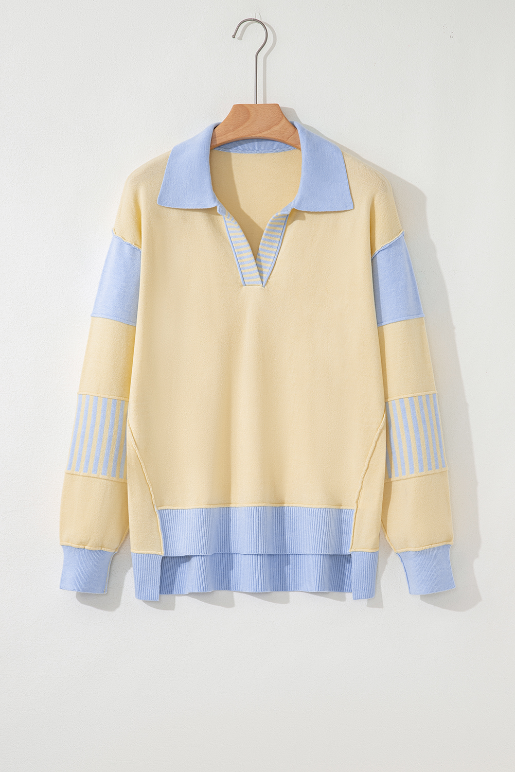 Sky Blue Stripe Contrasting Polo Collar Color Block Knit Drop Shoulder Sweater - Image 3