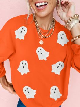 Orange Sequin Halloween Ghost Patched Drop Shoulder Sweatshirt