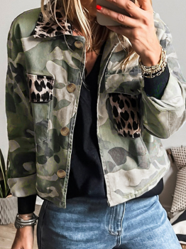 Green Camo Leopard Patchwork Flap Pocket Crop Jacket