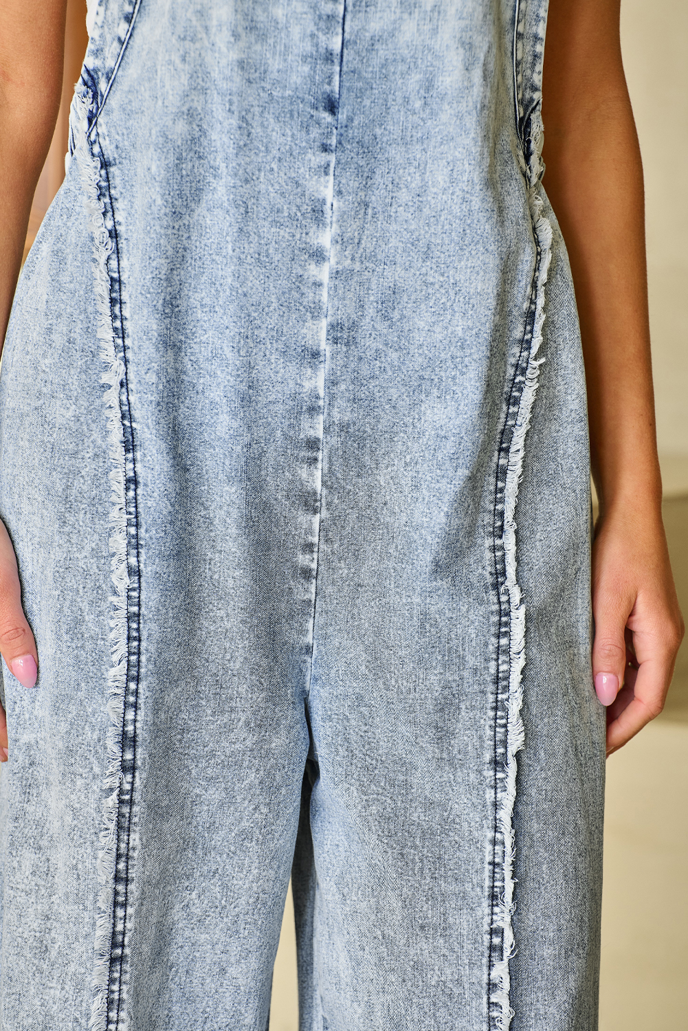 Beau Blue Light Wash Frayed Exposed Seam Wide Leg Denim Overall - Image 6