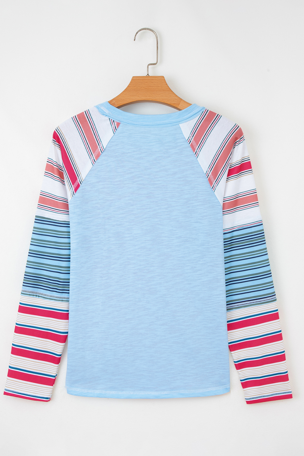 Pink Color Block Round Neck Exposed Seam Patchwork Striped Long Sleeve Top - Image 4