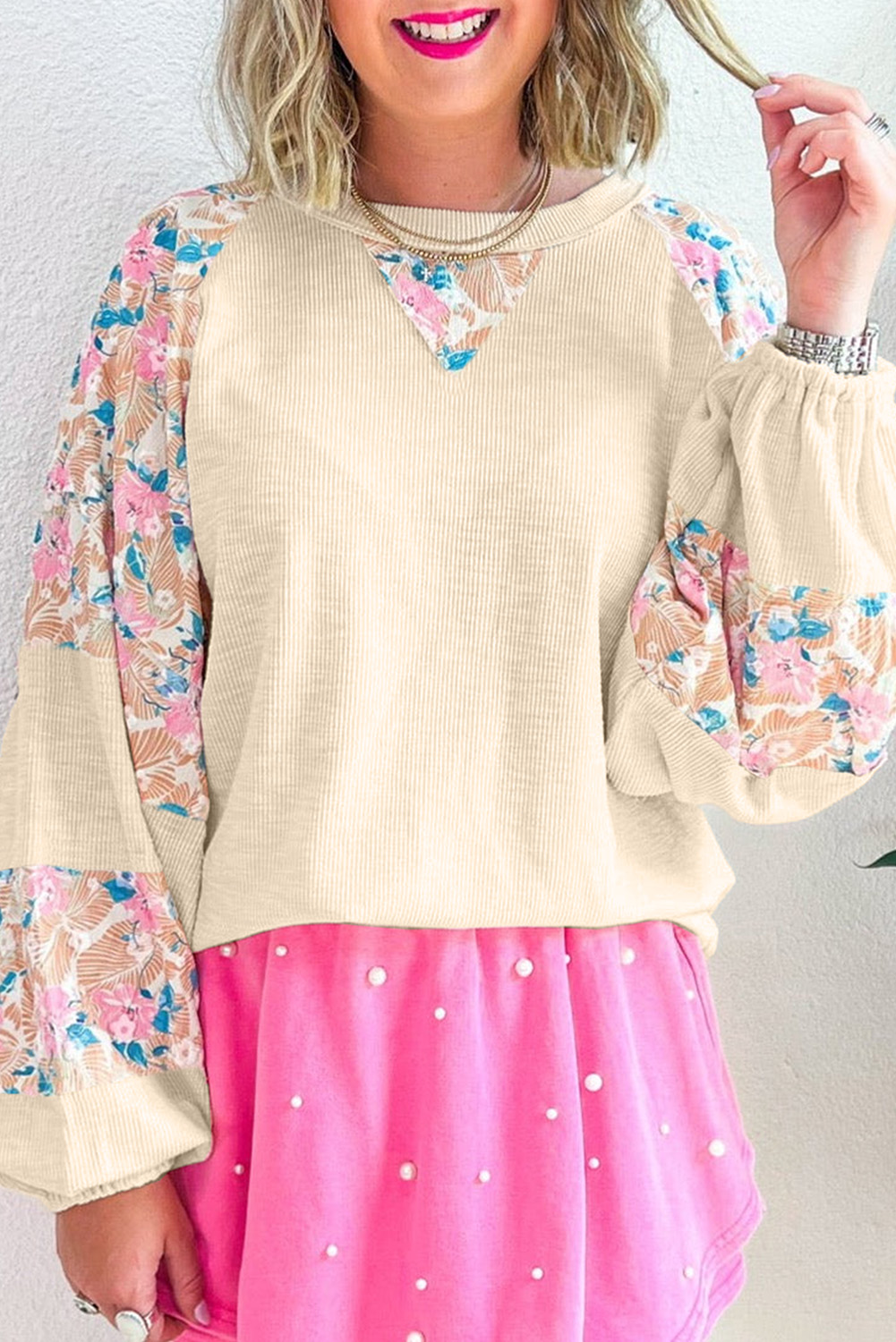 Apricot Textured Floral Patchwork Balloon Sleeve Blouse - Image 8